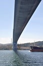 Sailing under Bosphorus bridge Istanbul, Turkey Royalty Free Stock Photo