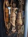 Sailing vessel ropes and wooden poulleys rigging Royalty Free Stock Photo