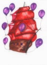 Watercolor hand drawing of a boat with purple bright balloons