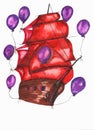 The Sailing, watercolor illustration of the ancient vessel