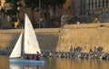 Sailing watercraft in Parc de la mar lake near old defensive walls in Palma de mallorca