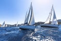 Sailing in the wind through the waves at the Aegean Sea in Greece. Royalty Free Stock Photo