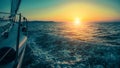 Sailing in the wind through the waves at the Aegean Sea in Greece at twilight. Royalty Free Stock Photo
