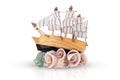 Sailing wooden boat on white isolated background. Design element, souvenir. Vacation, travel