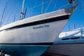 Sailing yacht the Beautiful Day in winter storage in winter light