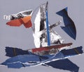 sailing yacht and big fish, collage on gray background.