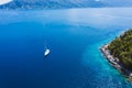 Sailing yacht boat in blue ionian see close to Fiscardo village. Kefalonia island, Greece. Travel summer concept Royalty Free Stock Photo