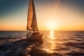 Sailing yacht boat on ocean water at sunrise, neural network generated art Royalty Free Stock Photo
