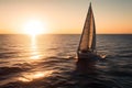 Sailing yacht boat on ocean water at sunrise, neural network generated art Royalty Free Stock Photo