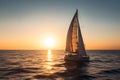 Sailing yacht boat on ocean water at sunrise, neural network generated art Royalty Free Stock Photo