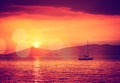 Sailing Yacht in Calm Bay. Sunset Seascape. Royalty Free Stock Photo