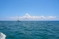 Sailing yacht catamaran sails on the waves in the warm Caribbean Sea. Sailboat. Sailing. Cancun Mexico. Summer sunny day Royalty Free Stock Photo