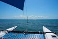 Sailing yacht catamaran sails on the waves in the warm Caribbean Sea. Sailboat. Sailing. Cancun Mexico. Summer sunny day Royalty Free Stock Photo