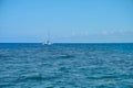 Sailing yacht catamaran sails on the waves in the warm Caribbean Sea. Sailboat. Sailing. Cancun Mexico. Summer sunny day Royalty Free Stock Photo