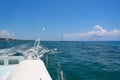 Sailing yacht catamaran sails on the waves in the warm Caribbean Sea. Sailboat. Sailing. Cancun Mexico. Summer sunny day Royalty Free Stock Photo