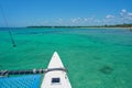 Sailing yacht catamaran sails on the waves in the warm Caribbean Sea. Sailboat. Sailing. Cancun Mexico. Summer sunny day Royalty Free Stock Photo