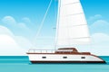 Sailing yacht floating on the blue sea or ocean landscape summer day with cloud flat vector illustration Royalty Free Stock Photo