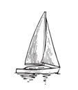 Sailing yacht floats on waves. Side view. Small ship for recreation and travel. Outline sketch. Hand drawing isolated on Royalty Free Stock Photo
