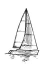 Sailing yacht floats on waves. Side view. Small ship for recreation and travel. Outline sketch. Hand drawing isolated on Royalty Free Stock Photo