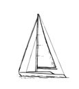 Sailing yacht floats on waves. Side view. Small ship for recreation and travel. Outline sketch. Hand drawing isolated on Royalty Free Stock Photo