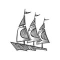 Sailing yacht floats on waves. Side view. Vector sketch. Hand drawing isolated on white background Royalty Free Stock Photo