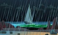 Sailing yacht near night rocky sea beach in rain. Landscape with rain weather. Jets of water pour from sky. Cartoon fun