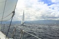 Sailing yacht on the race in a stormy sea. Extreme. Royalty Free Stock Photo