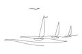 Sailing yacht regatta. Seagull in the sky. Draw one continuous line. Vector illustration. Isolated on white background Royalty Free Stock Photo