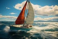 A sailing yacht in the sea on the background of the sky and mountains.