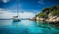 Sailing yacht or sailing ship near a small island with shallow turquoise transparent sea water beautiful underwater Coral reefs.