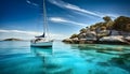 Sailing yacht or sailing ship near a small island with shallow turquoise transparent sea water beautiful underwater Coral reefs.