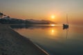 Sailing yacht at sunset on Koh Pha Ngan island, Thong Sala beach, Thailand Royalty Free Stock Photo