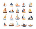 Sailing yachts doodle vector set. Marine ships schooners vehicles boats simple design illustrations isolated on white