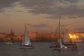 Sailing yachts in the evening in the delta of the Neva River. Royalty Free Stock Photo