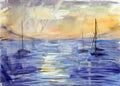 Sailing yachts in the sea against the sunset bright sky. Watercolor sketch. Royalty Free Stock Photo