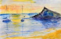 Sailing yachts in the sea against the sunset bright sky. Watercolor sketch. Royalty Free Stock Photo