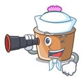 Sailor with binocular cartoon star cactus in flower pot