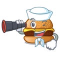 Sailor with binocular cheese burger located on plate cartoon