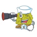 Sailor with binocular green coral reef isolated with cartoon