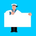 Sailor holding banner blank. Russian soldier seafarer and white