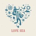 Sailor holding mermaid, heart shape illustration Royalty Free Stock Photo
