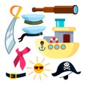 Sailor Icons Pirate Ship Sea Vector. Isolated Flat Cartoon Illustration Royalty Free Stock Photo