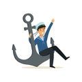 Sailor man character in blue uniform sitting on a giant anchor vector Illustration