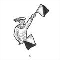 Flag semaphore letter X sketch vector illustration