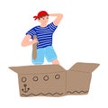 Sailor pirate kid playing holding sword on cardboard box ship. Vector illustration in cartoon style Royalty Free Stock Photo