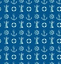 Sailor seamless pattern with anchors, lighthouse, lifebuoy and helm. Sea pattern vintage retro decoration. Isolated on blue