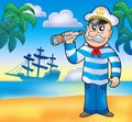 Sailor with spyglass on beach Royalty Free Stock Photo