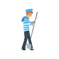 Sailor standing with mop, seaman character in striped singlet and cap vector Illustration on a white background Royalty Free Stock Photo