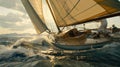 A sailor stands at the helm of a sleek sailboat, AI generated Royalty Free Stock Photo