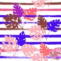 Sailor Stripes Vector Seamless Pattern, Blue Pink Purple Indigo Floral Textile. Cool Chick